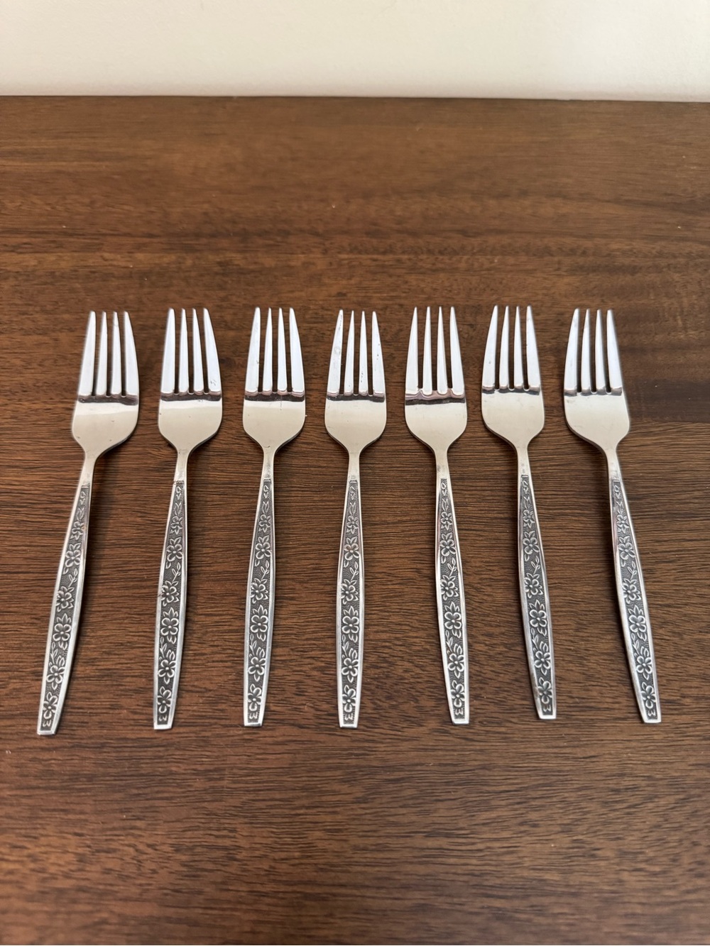 Mid Century Stanley Roberts Stainless Steel Japan 7 Pcs Fork Floral